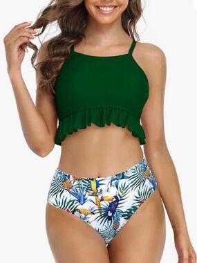 SHEKINI HIGH CUT GREEN & WHITE TANKINI TROPICAL RUFFLED HEM NWT SIZE M